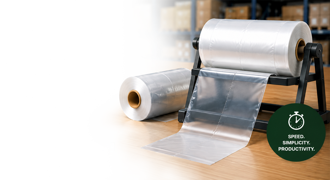 Two large rolls of clear plastic film on a dispenser and floor with a green graphic reading "SPEED. SIMPLICITY. PRODUCTIVITY."