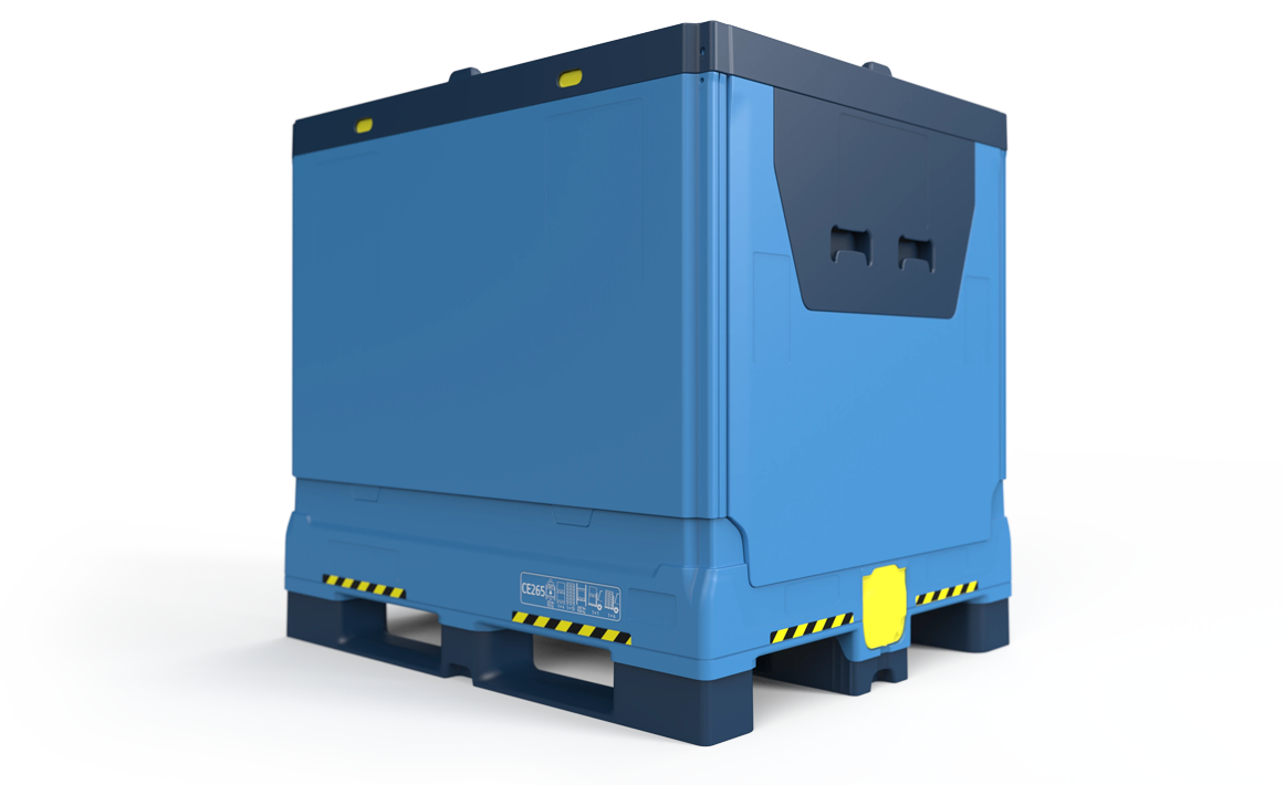 Large blue industrial container with a dark blue lid and black pallet base.