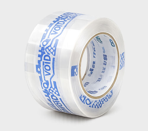 Clear adhesive tape roll with blue “VOID” security print.