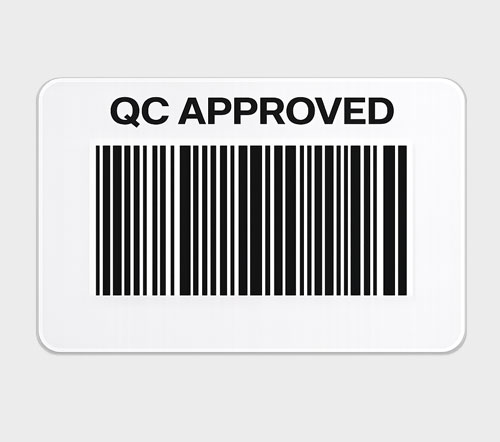 Shipping Labels Label with "QC APPROVED" text above a barcode.