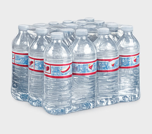 A pack of sixteen plastic water bottles with red and blue labels, wrapped in clear plastic.