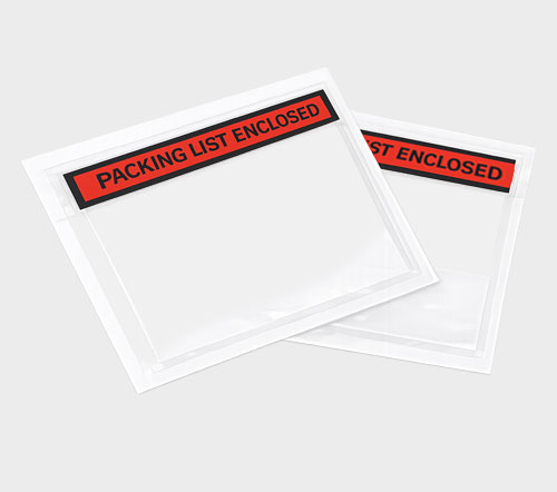Two clear plastic shipping pouches with red labels reading "PACKING LIST ENCLOSED."