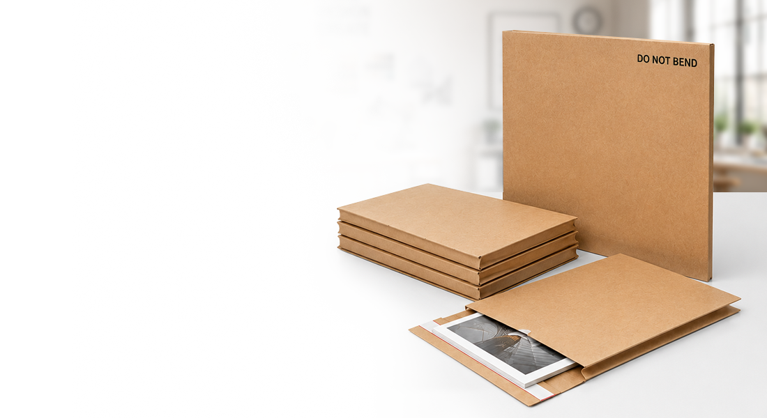 Brown cardboard envelopes, one marked "DO NOT BEND," with a partially open envelope showing a photograph inside.