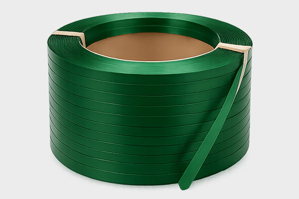 A coil of green plastic strapping on a light gray background.