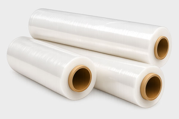 Three rolls of clear plastic stretch film with brown cardboard cores on a light gray background.