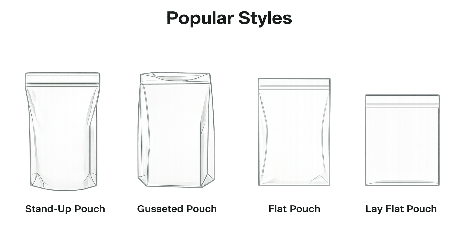 White Block Popular Styles Illustration of four popular styles of pouches: Stand-Up, Gusseted, Flat, and Lay Flat.