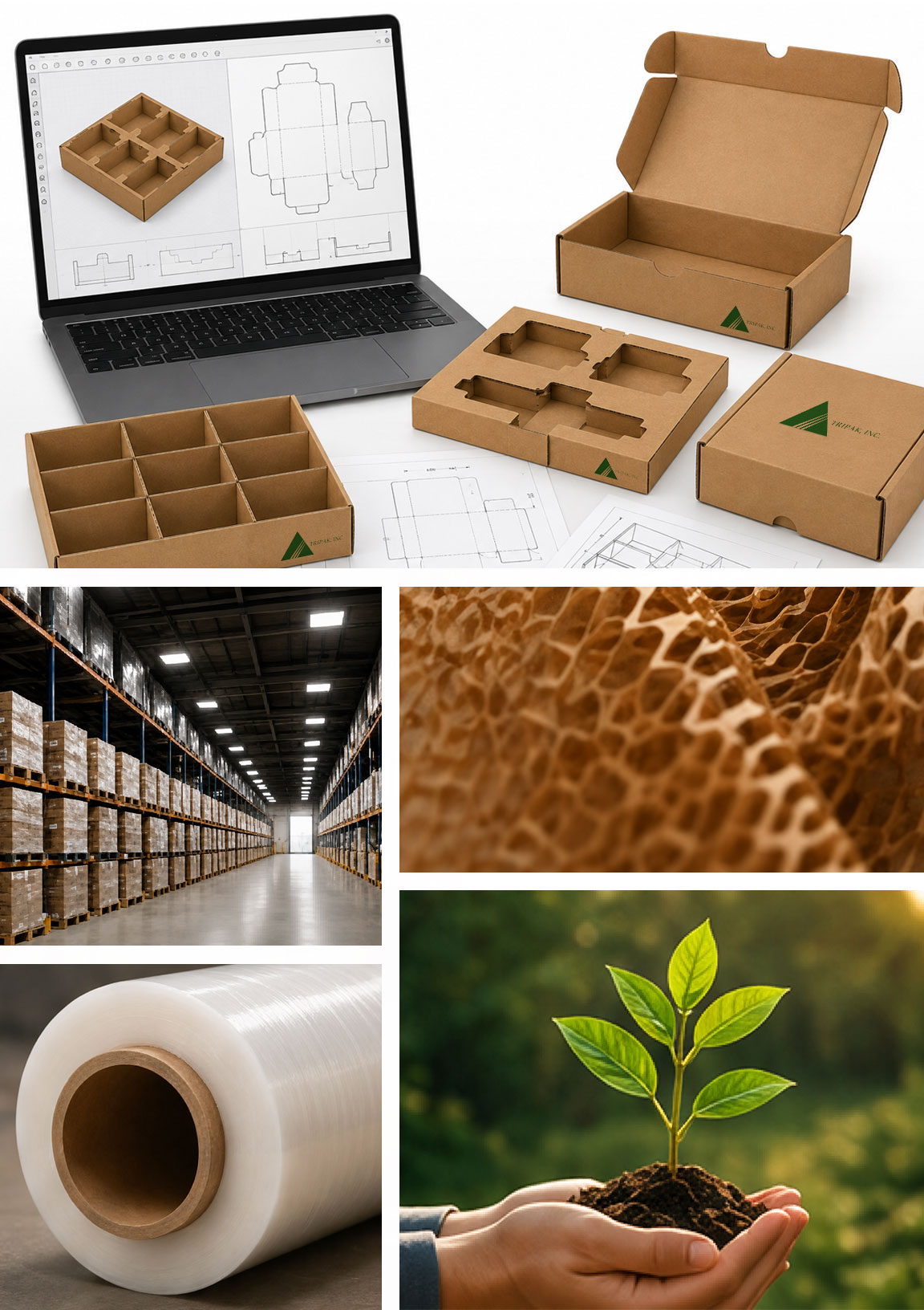 A collage containing cardboard packaging designs, a warehouse with boxes, bubble wrap texture, a roll of plastic wrap, and hands holding a small plant.