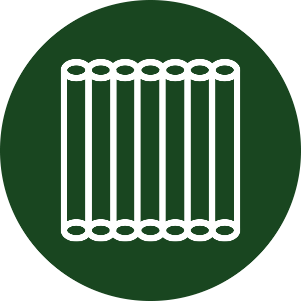 White geometric pattern of vertical ovals on a dark green circular background.