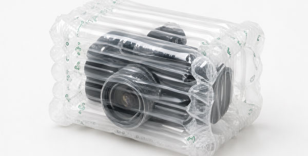 A black camera wrapped in transparent inflatable packaging.