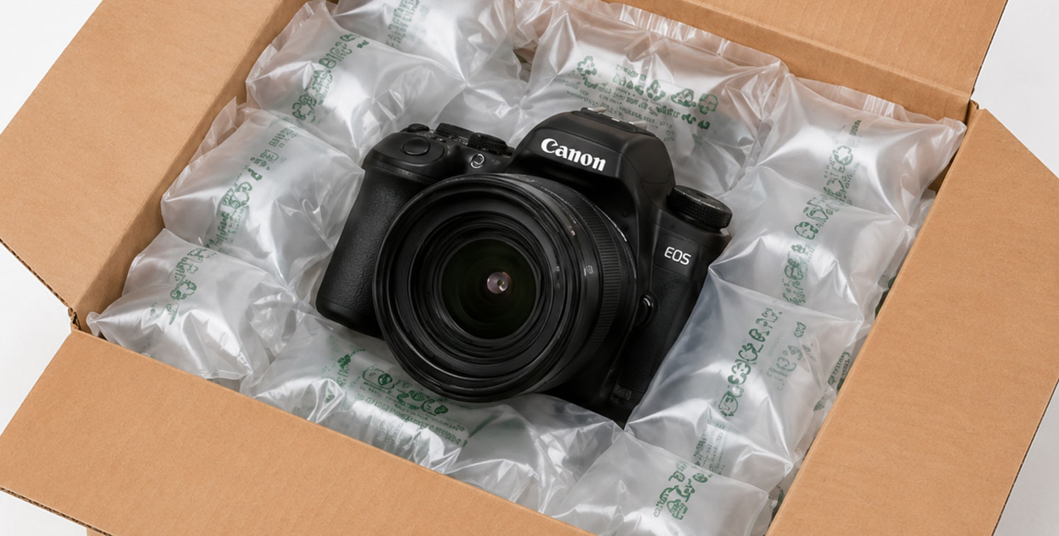 A Canon camera in a cardboard box cushioned by inflated air pillows.