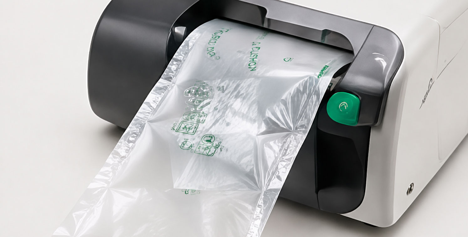 Machine dispensing air-filled packing cushions.