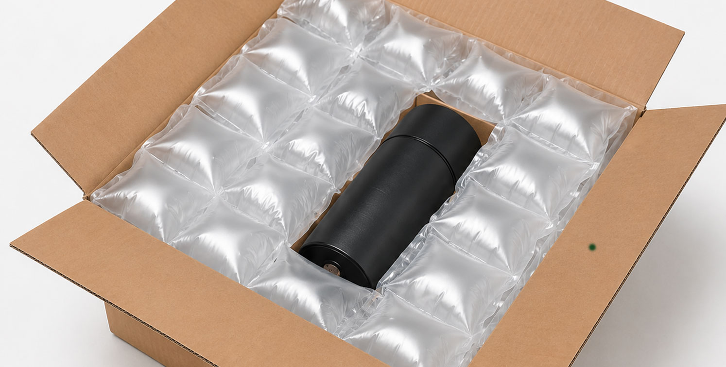 Open cardboard box with air-filled packaging pillows surrounding a black cylindrical object.