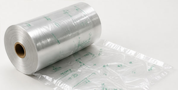 A roll of transparent plastic film with green text and symbols.