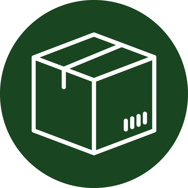 White box icon on a green circle.