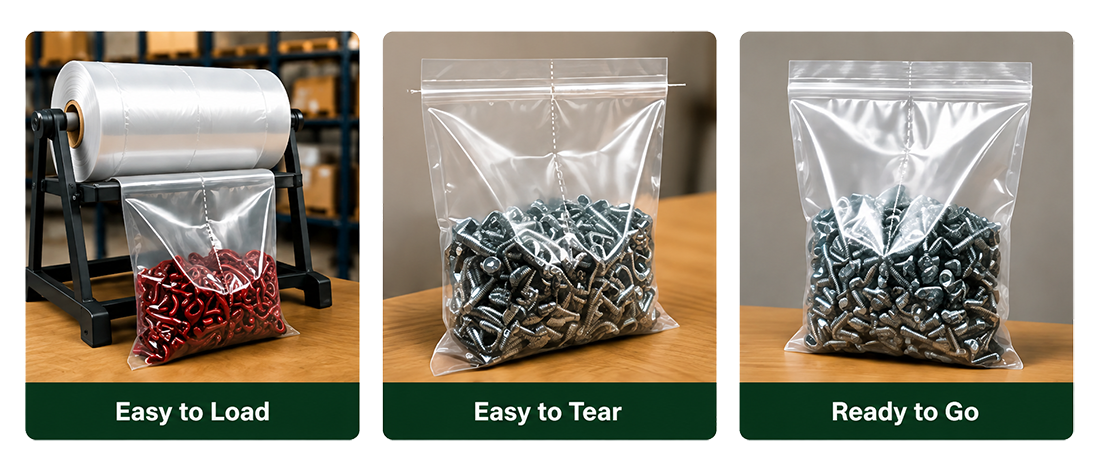 Three clear plastic bags showing packaging stages: loading with red hardware, filled with screws, and sealed.