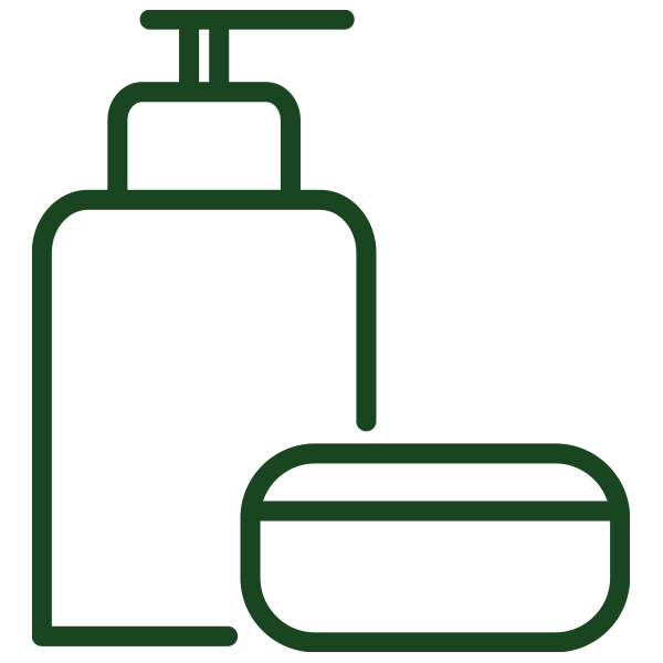 Outline drawing of a pump bottle and a bar of soap.
