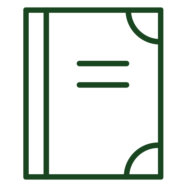 Outline of a dark green book icon with two horizontal lines on its cover.