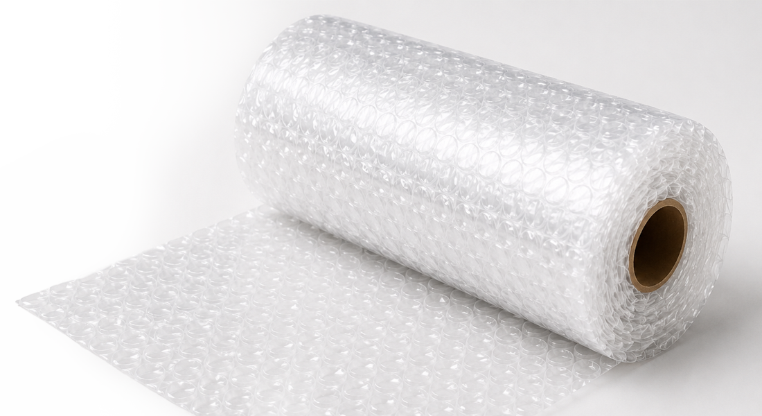 Bubble Wrap Header A large roll of transparent bubble wrap with a brown cardboard core.
