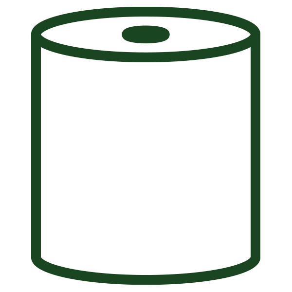 Icon of a cylindrical paper roll with a dark green outline on a white background.