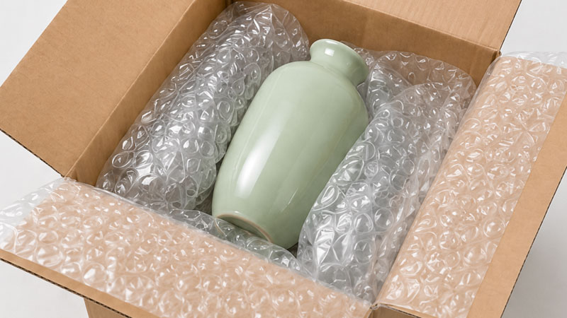Light green ceramic vase in an open cardboard box with bubble wrap.
