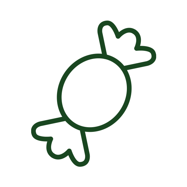 An outline of a wrapped candy in green on a white background.