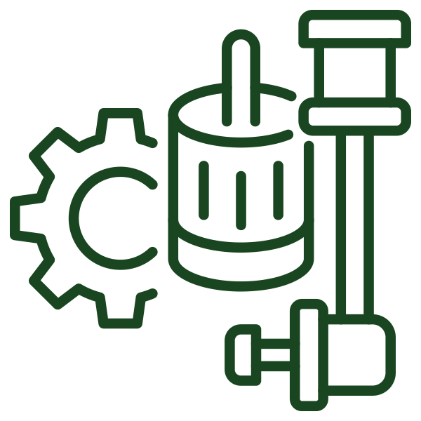 Line art illustration of a gear, cylinder, and piston in dark green.