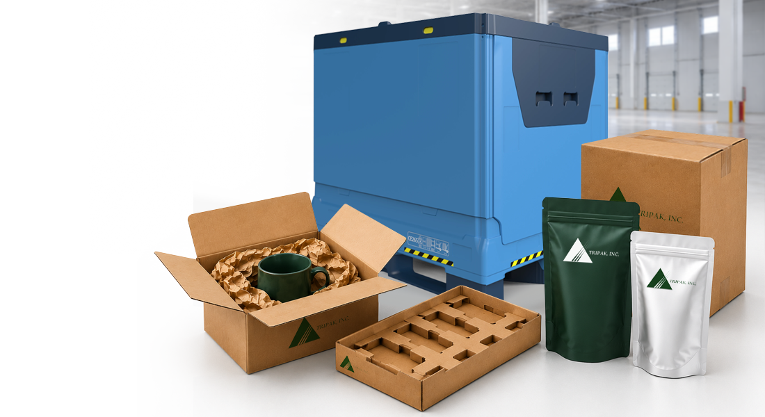 Packaging items including boxes, a mug, and resealable pouches in a warehouse.
