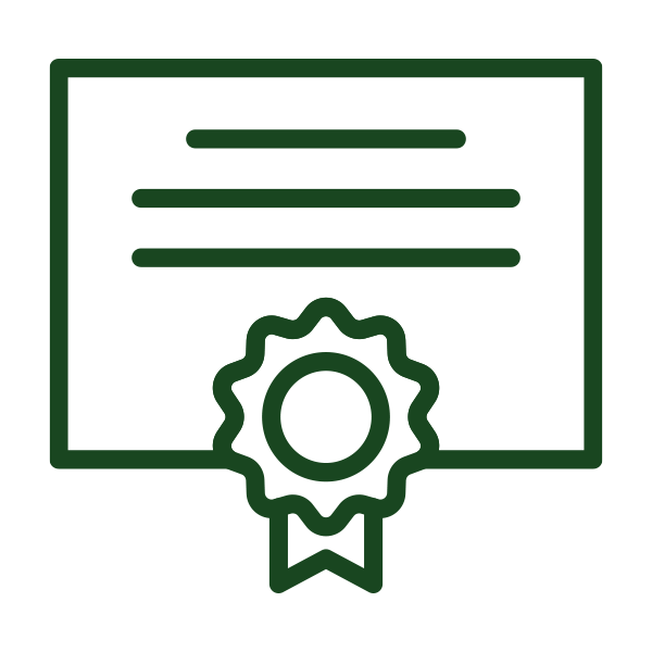 Outline of a certificate with a ribbon rosette in dark green.