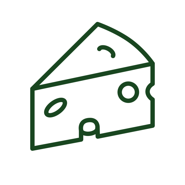 A stylized illustration of a wedge of cheese with holes.