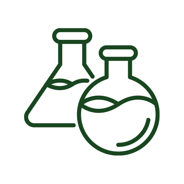 Chemical & Hazard Communication Icon Two green outlined laboratory flasks, one conical and one round-bottom, partially filled with liquid on a white background.