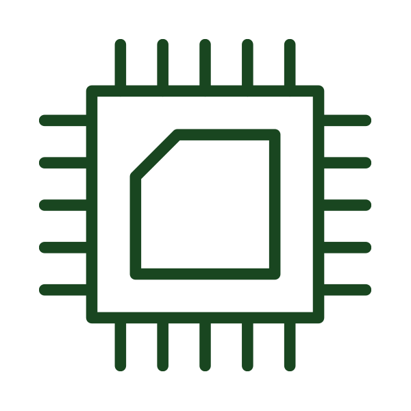 Line drawing of a microchip with green outlines and pins.