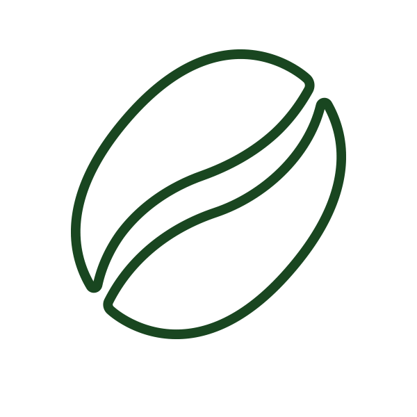 Green line drawing of a coffee bean on a white background.