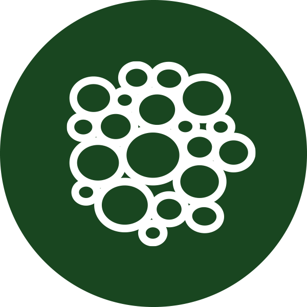 White cluster of circles on a dark green background.