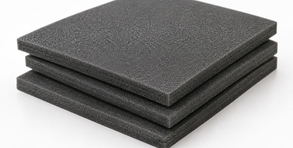 Stack of three dark gray foam mats on a white surface.
