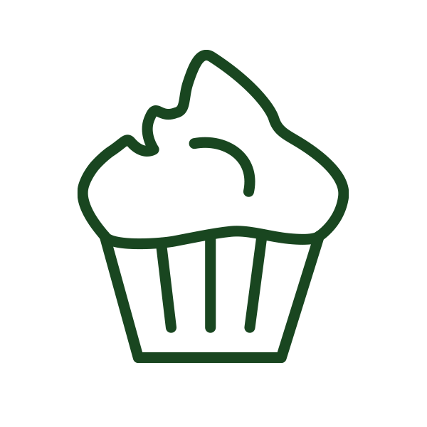 Minimalist line drawing of a cupcake with a bite taken from the top, outlined in green.
