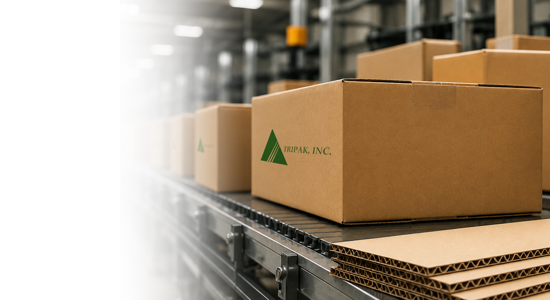 Boxes on a conveyor belt in a warehouse, featuring a box with a green logo and "TRIPAK, INC." text.