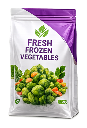 Custom Printing Food Bags FDA A package of fresh frozen vegetables is displayed, featuring vibrant green broccoli and orange carrots. The bag has a purple and white design.