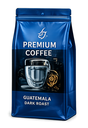 Custom Printing Gusset Bag Blue packaging of Guatemala dark roast premium coffee with a glass cup and coffee beans image on the front.