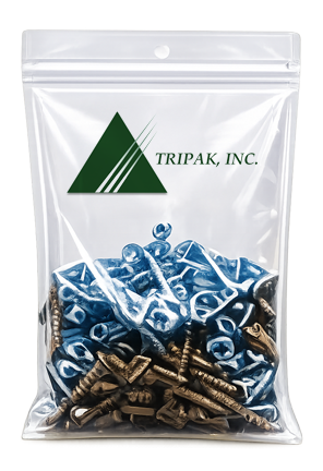 Custom Printing Part Bags Clear plastic resealable bag containing blue anchors and bronze screws, labeled "TRIPAK, INC." with a green triangular logo.