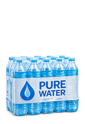Shrink Film A 12-pack of clear plastic water bottles with blue caps, labeled "PURE WATER" with a water droplet icon, stands out against a black background.