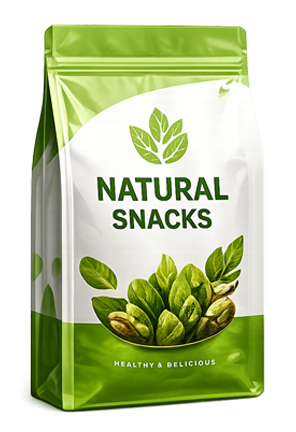 Custom Printing Stand Up Pouches Green and white package labeled "Natural Snacks" featuring green leaves and pistachios, with the tagline "Healthy & Delicious."