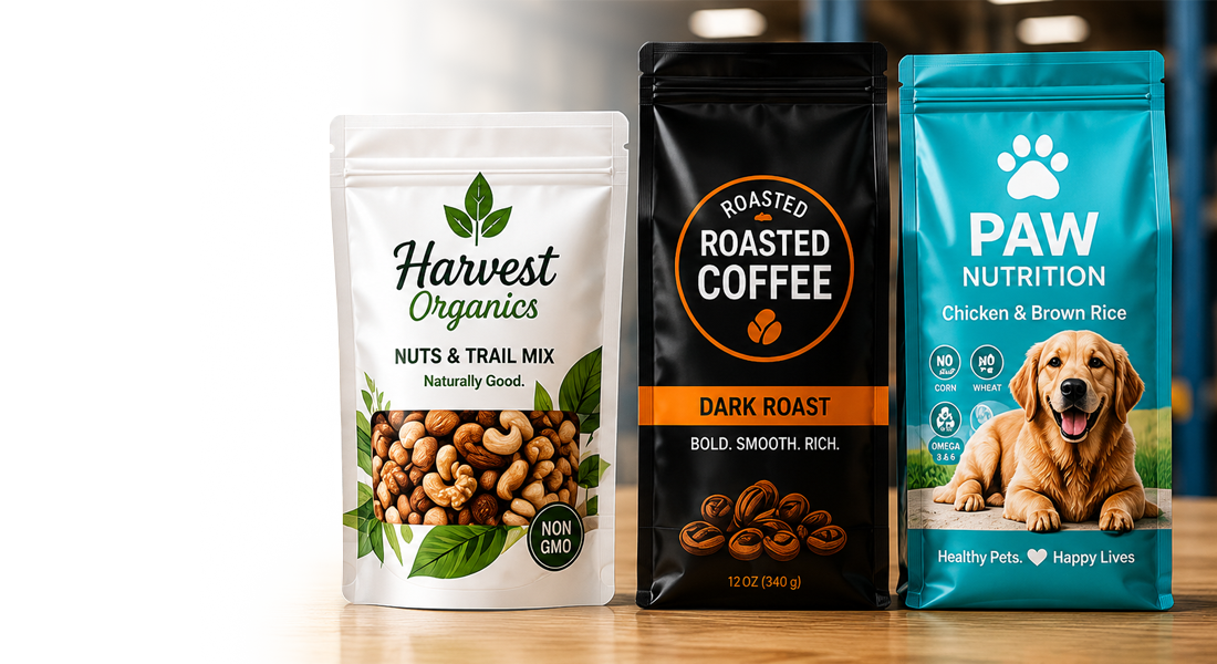 Custom Printing Header Three product packages on a wooden surface: nuts mix in a white bag, dark roast coffee in black, and dog food with a happy dog on teal.