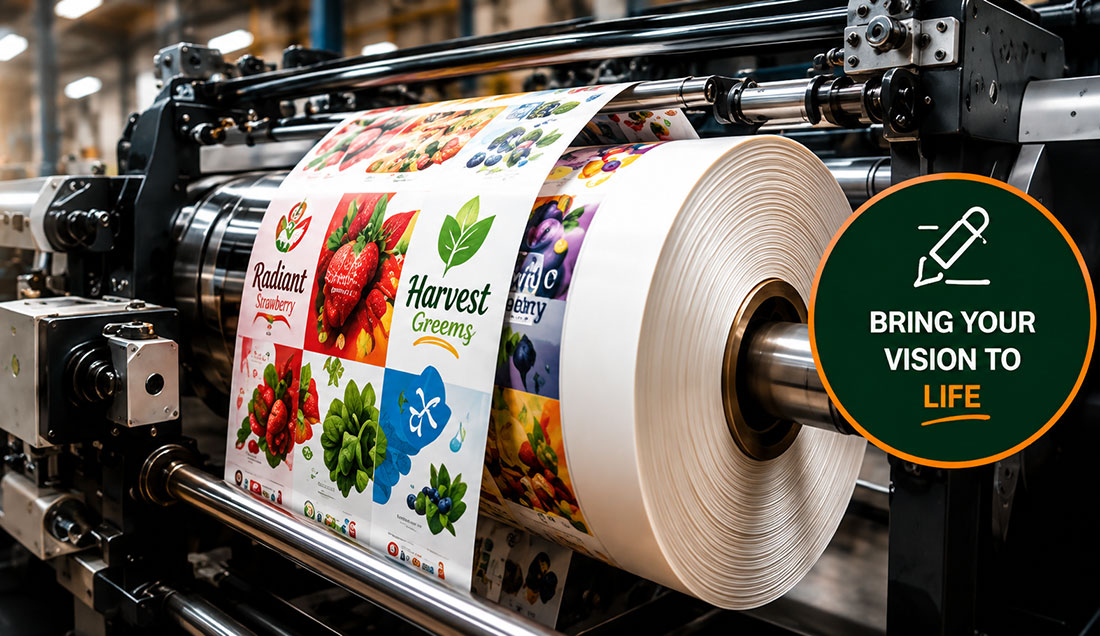 Custom Printing Image of a large printing machine producing colorful fruit and vegetable labels, with a visible "Bring Your Vision to Life" sign emphasizing creativity.