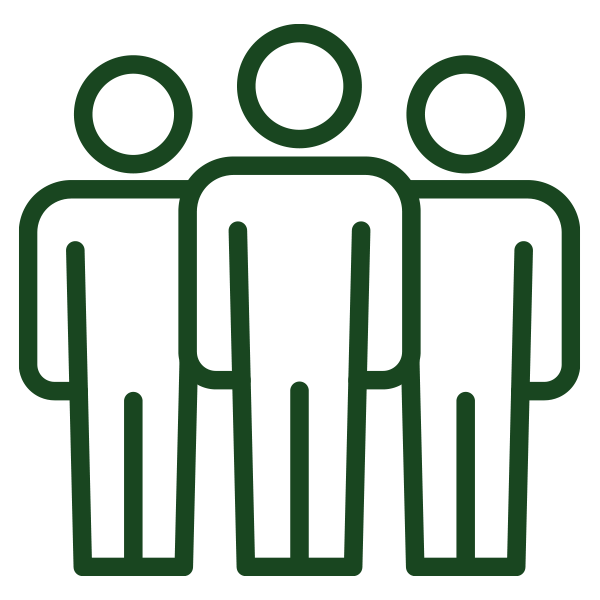 Three stylized, green outlined human figures, with one larger figure in the center.
