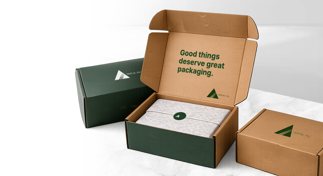 Open cardboard box with "Good things deserve great packaging" text and a wrapped package inside.
