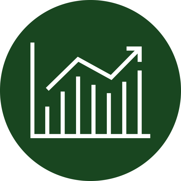 Icon of a line graph with bars and an upward arrow on a dark green circle background.