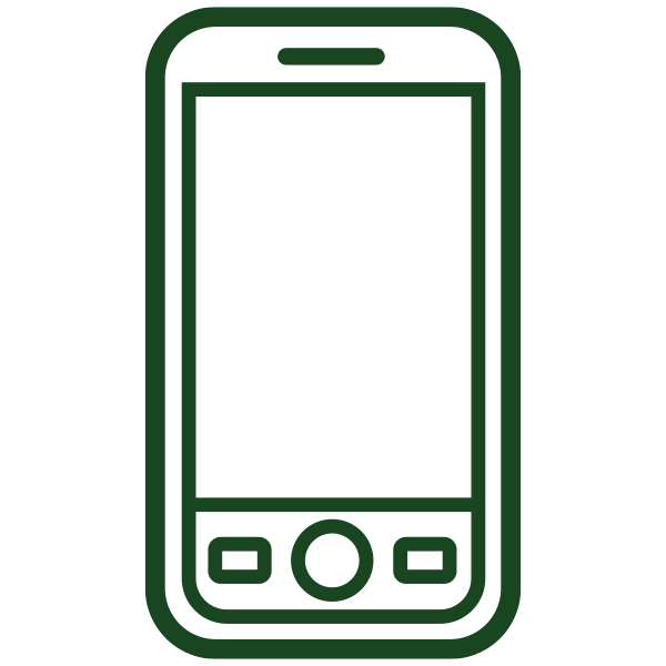 A line drawing of a smartphone with a screen, a speaker, and buttons, outlined in dark green.