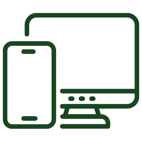 A line drawing of a computer monitor and smartphone in dark green.