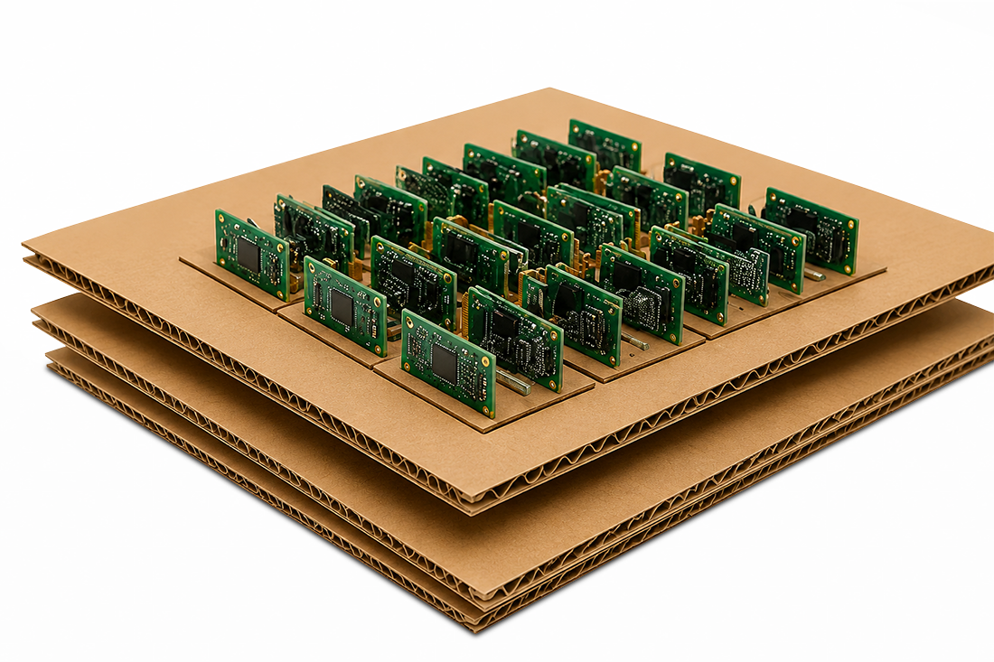 Green circuit boards arranged in rows on stacked corrugated cardboard sheets.