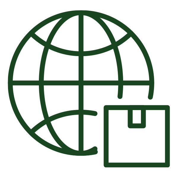 Icon of a globe and package in dark green.